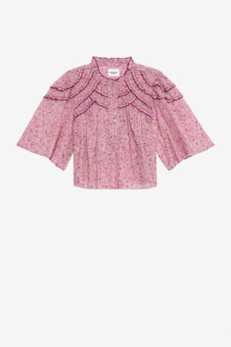 Carmen-bluse i bomullsvoile med trykk og rynker Carmen-bluse i bomullsvoile med trykk og rynker