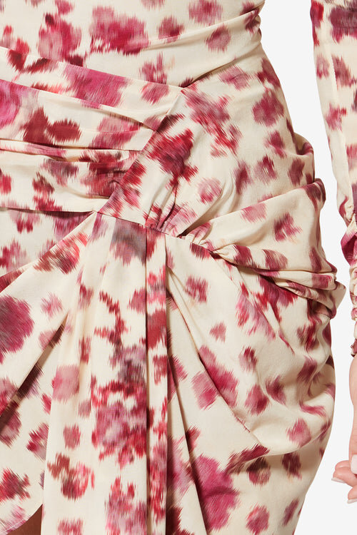 Ovia kort drapert skjørt i stretch-silke med print Ovia kort drapert skjørt i stretch-silke med print