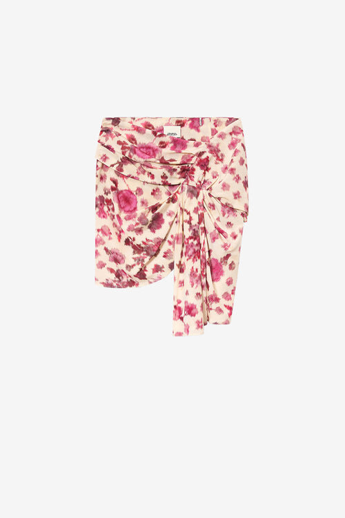 Ovia kort drapert skjørt i stretch-silke med print Ovia kort drapert skjørt i stretch-silke med print